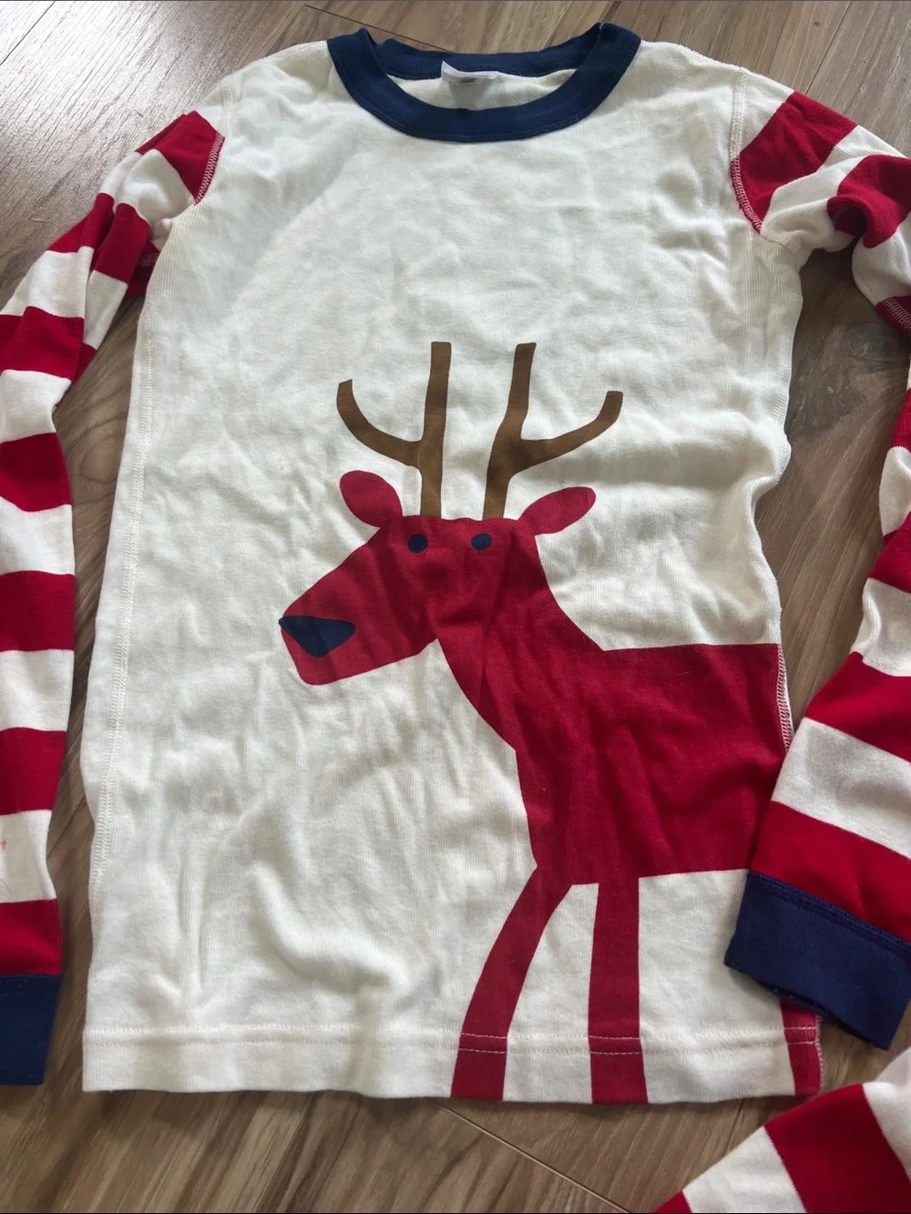 Hanna Andersson Red & White Stripe Reindeer Pajama Set with Navy Trim size 12